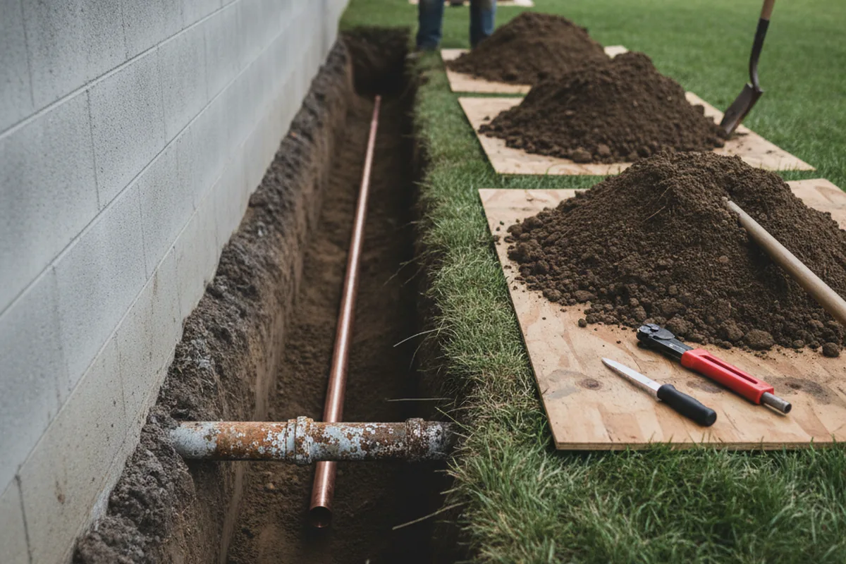 Excavated water line trench during Water Heater Repair in Blackville